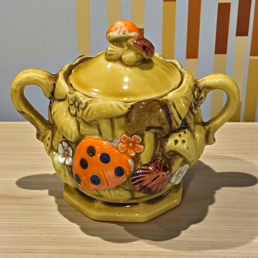 Vintage Merry Mushroom Fred Roberts Sugar Bowl w Lid Retro MCM 70s Japan Ceramic